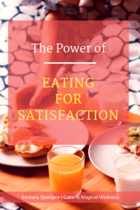 Woman's hand reaching for plate of food, which is on a tray for breakfast in bed. Text overlay says, "The Power of Eating for Satisfaction"