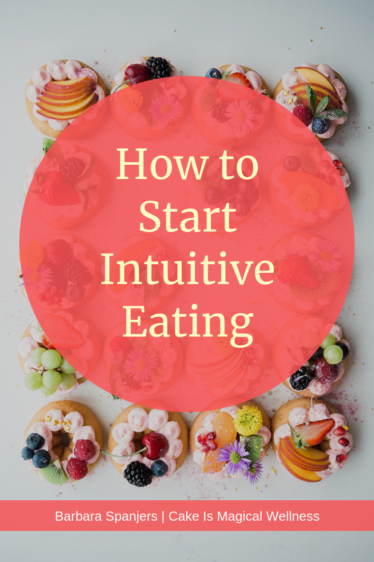 Halved donuts with fruit and flowers. Text overlay: "How to Start Intuitive Eating."